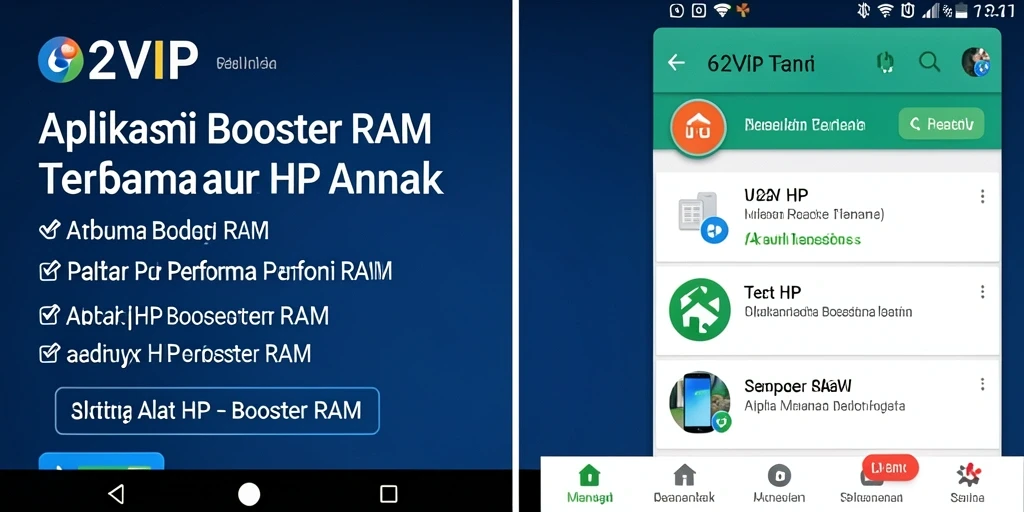 Antarmuka aplikasi 62VIP untuk optimasi RAM dan pembersihan cache.