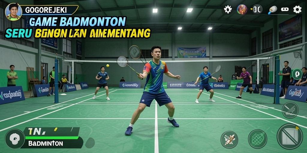 Antarmuka GOGOREJEKI menampilkan tampilan permainan badminton yang menarik dan interaktif.