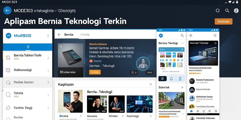 Tampilan antarmuka aplikasi MODE303 menampilkan berita teknologi terkini.
