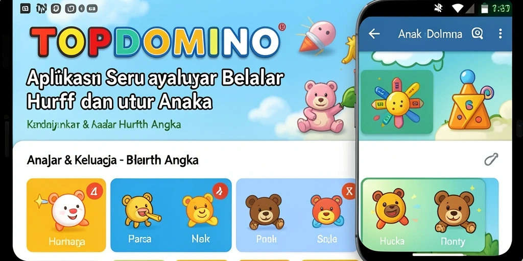 Antarmuka aplikasi TOPDOMINO yang menarik untuk belajar huruf dan angka.